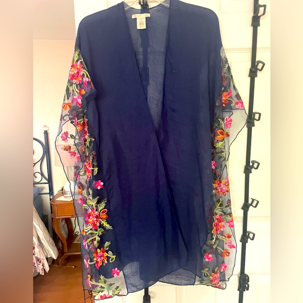 Deep blue over-shawl with floral embroidery panels. Size: one size